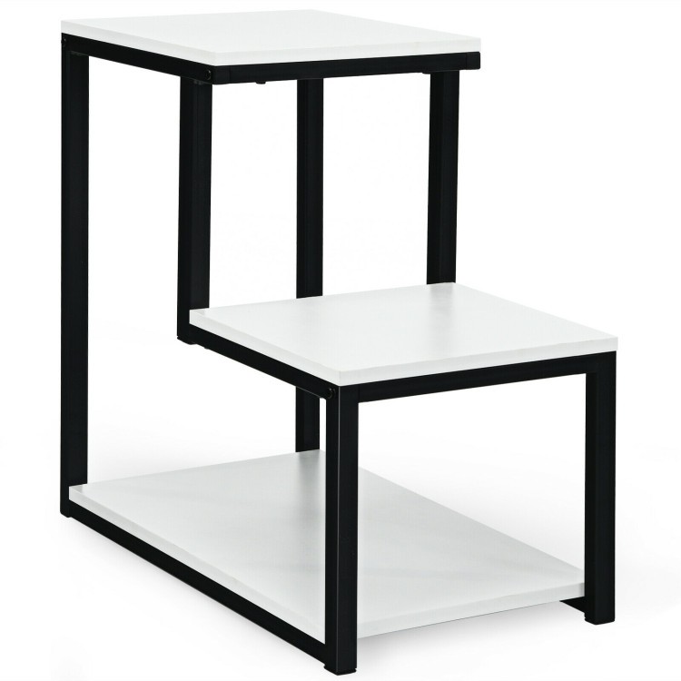 3-tier sofa side table in white with black steel frame, perfect for storage and display in any room.